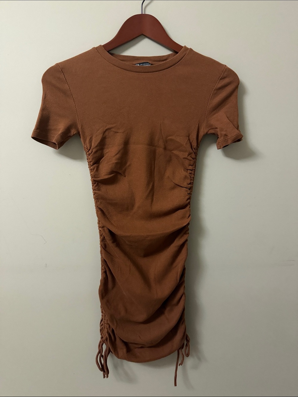 Zara Rust-Tone Ruched Short Sleeve Dress